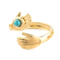 Retro 18k gold plated stainless steel ring with hands hugging a turquoise stone - Adjustable Open / Hug Ring / Gold/Turquoise