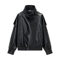 Fashionable black PU leather jacket featuring a stand collar and elastic waist for women - S / Black