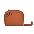 Brown lychee leather mini cat wallet with cute 3D ears and face embroidery - Caramel