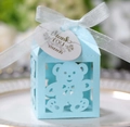 Detail of light blue hollow bear candy box with white ribbon and Thank You tag - Pearl Pale Blue