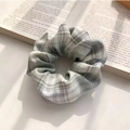 Gray-green checkered fabric scrunchie with ballet style ribbon bow for women - Cedar Gray Green