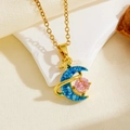 Detail of gold star and moon pendant necklace with blue glitter and pink cubic zirconia - Gold Blue Moon Pink Zircon Necklace (T016)