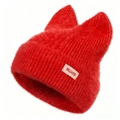 Cute red plush knit hat with cat ear design made of warm faux fur mohair material - Cat Ears Label-Red