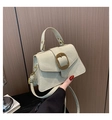 Detail of light green suede handbag featuring a vintage gold woven buckle and texture - White