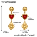 Detailed size chart for gold stainless steel drop earrings with red glass heart stone - Red Earrings (TXF507)