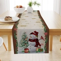Linen Christmas table runner with snowman and pine tree pattern for holiday dining decor - Beige Snowman Tree Combo (ZQ26-27)