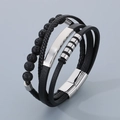 Bracciale multistrato da uomo con pietra vulcanica nera, pelle intrecciata e chiusura magnetica - Stile B Colore Acciaio (KB179983-YA)