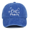 Macro detail of Cat Mom embroidery on blue washed vintage denim baseball cap fabric - Sapphire Blue