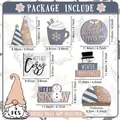 Size chart for 6-piece winter tiered tray set showing dimensions of wooden snowmen signs - Wooden Winter Tiered Tray Decor Set Grey White