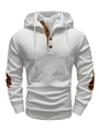 Men's white textured hoodie with brown contrast elbow patches and buttoned collar detail - White
