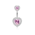 Silver belly button ring featuring double pink heart zircon pendants with halo crystal accents - Halo Heart