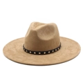 Khaki faux suede wide brim fedora hat with black studded band and silver rivets - M (56-59cm) / Camel
