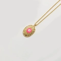 Vintage gold oval evil eye pendant necklace with pink enamel and ornate hollow carving - Rose Red
