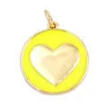 Neon yellow enamel round charm with heart center in gold plating for jewelry - Fluorescent Yellow Round Gold Heart Style ((M81 Heart Fluorescent Yellow))