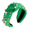 Elegant green fabric knotted headband with white pearls and gold rhinestone details - 1# Light Green (Pearl Rhinestone Decor)