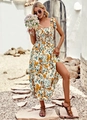 Detail of high waist slit and floral print on an elegant summer strap dress - S / Apricot