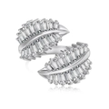 Elegant S925 sterling silver open ring featuring sparkling zircon inlaid twin leaf design - Opposite Leaves-Silver