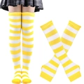 Yellow and white striped thigh high socks and matching arm warmer set for cosplay - Yellow White Striped Socks and Gloves
