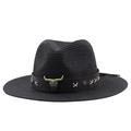 Close-up of black straw fedora hat with bronze bull skull metal piece and silver studs - Black (Bull Head Leather Band Style)