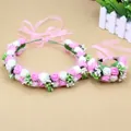 Pink and cream rose floral crown with matching wrist corsage and ribbon ties - Flower Crown + Wristband Set / Pink and White