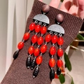 2601055 Red Crystal Beaded Tassel Wooden Earrings (s925 Silver Needles)