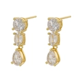 Golden drop earrings with three tiered clear zircons in round, oval, and pear shapes - Gold 3-Stone