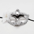 Silver Venetian ball mask with white feathers, sequins and teardrop gemstone accent - Silver