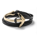 Multilayer black leather bracelet with golden anchor clasp on white background - Gold Black