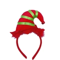 Christmas elf headband with red velvet hat, green ribbon, and a small metal bell detail - Striped Santa Hat