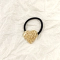 Black elastic hair tie featuring a heart shaped gold metal charm with wrinkled texture - Gold Heart Liquid 3.5cm