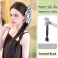 Brown-black bow hair claw clip with paisley pattern and synthetic braided hair extensions - Paisley Bow Claw Clip with Brown-Black Braids