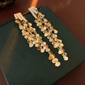 Elegant gold plated long tassel earrings with clear rhinestones on luxury box - 14K Gold Plated Silver Earring Post Zircon Round Sequin Tassel (23#)