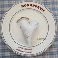 Handmade 9cm heart plush ornament with black speckles, wooden bead and jute rope - Heart-White