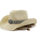 Chapeau de cowboy en paille avec bande ethnique turquoise et mentonnière réglable - Beige