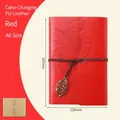 Red A6 leaf embossed PU leather notebook with refillable kraft paper and leaf charm - Red / A6