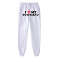 White joggers featuring I Love My Boyfriend heart print and elastic drawstring waist - S / White (Boyfriend)