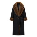 Elegant long black coat for women with plush brown faux fur collar and belted waistline - S / Black