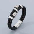 Men's multilayer braided black leather bracelet with a polished silver magnetic clasp - Style B Steel Color (KB179973-YA)