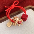 Red elastic hair tie with golden horse charm and red crystal pendant in high quality - Red - Horse - Prosperity