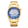 Men's business watch with golden steel band and blue skeleton mechanical dial design - Gold Case Blue Dial