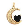 Gold-plated moon pendant with white zircon pavé and a black heart gemstone - Black/Heart Moon