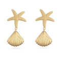 Detailed view of golden starfish and seashell drop earrings with textured metallic finish - Style B (Starfish Shell) / Gold
