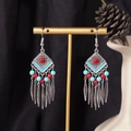 Bohemian silver drop earrings with red stone, turquoise beads and leaf charms - S4296-2 Mixed Color Rhombus Seed Bead Tassel Earrings