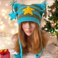 Handmade striped cat ear beanie in blue and green with yellow star charms - Blue Brown Star
