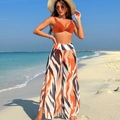 Three-piece bikini set with orange halter top and matching floral wide-leg beach pants - Coffee & Dark Striped Set