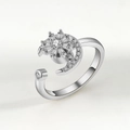 Silver rotatable anxiety ring with crescent moon and sparkling starburst accents - Adjustable Open / White Gold Moon Star (AJ066)