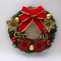 Christmas wreath with red bow, gold flowers, and Merry Christmas sign on white background - Four Flowers Style H002-30CM