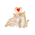 Cartoon cat brooch with two cats and a red heart in gold enamel finish - YNCP3330 Yellow