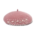 Close-up of pink wool beret featuring elegant white pearls and sparkling rhinestone details - Dusty Pink