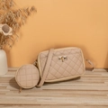 Beige quilted crossbody bag set with gold twist lock and matching small round coin purse - Apricot